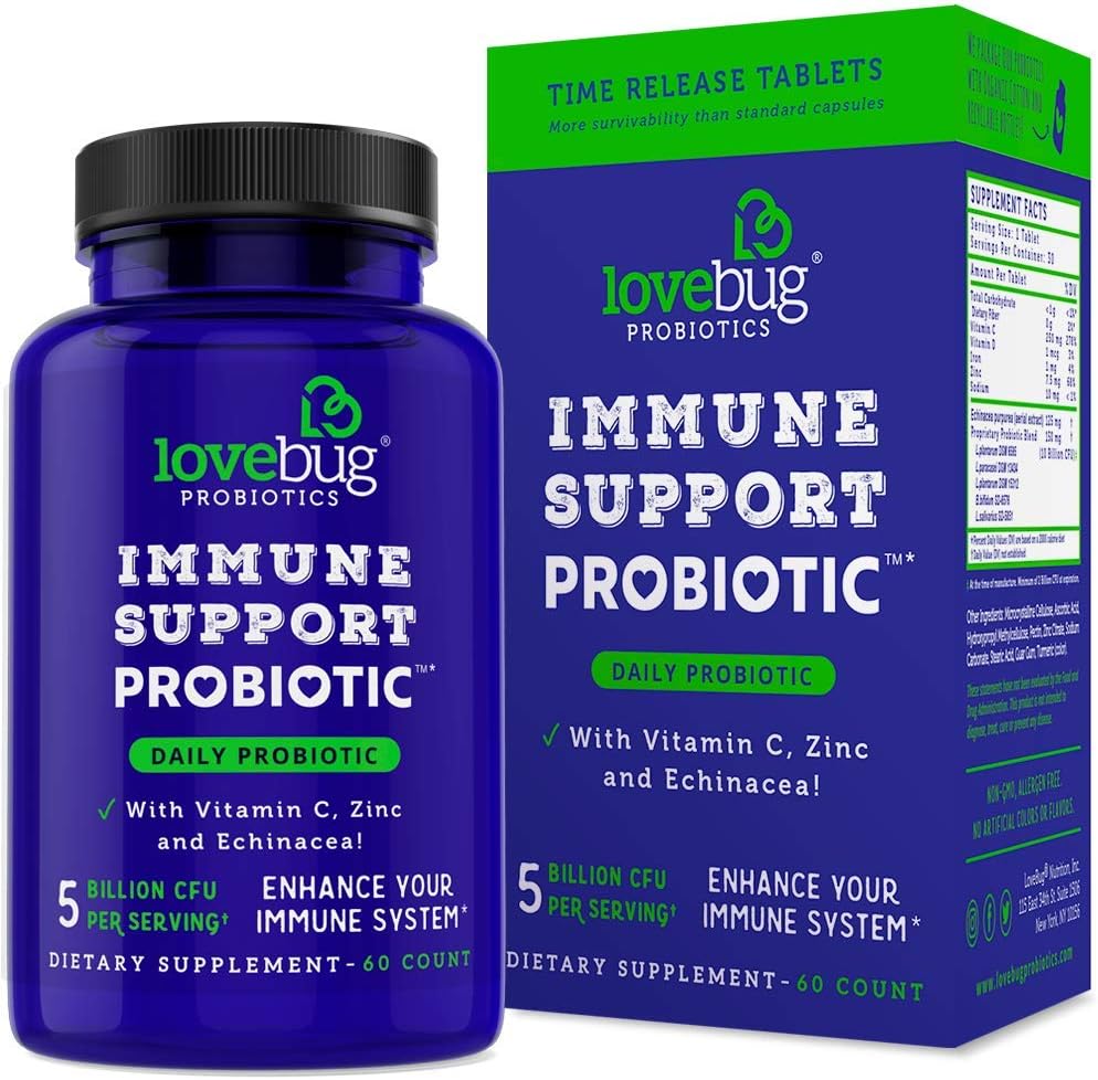 Lovebug PROBIOTICS Immune Support Daily Probiotic för Män & Kvinnor, 40 miljarder CFU & 6 Strains, Inkluderar vitamin C, Zink & Echinacea, 30 kapslar, Vegan & Non-GMO