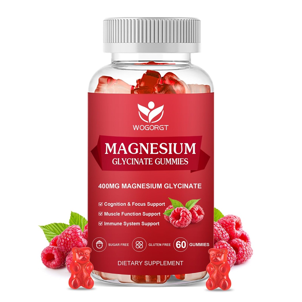 400 mg magnesium Glycinate Gummies 200 mg magnesium Malaatti, D-vitamiini, B6, ja CoQ10, magnesium Glycinate täydentää rentoutumista ja kognitiota, sokeriton, vadelma maku - 60 Gummies