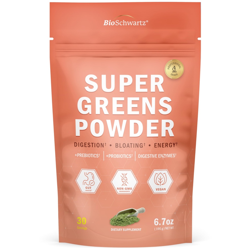 BioSchwartz Greens Powder Super Greens Probiootit, Prebiootit, Dgestive Enzymes & 43 Green Superfoods - klorofylli, Mustikka, Klorella, Spirulana - Makuja hämmästyttävä - 30 Tarjoilut