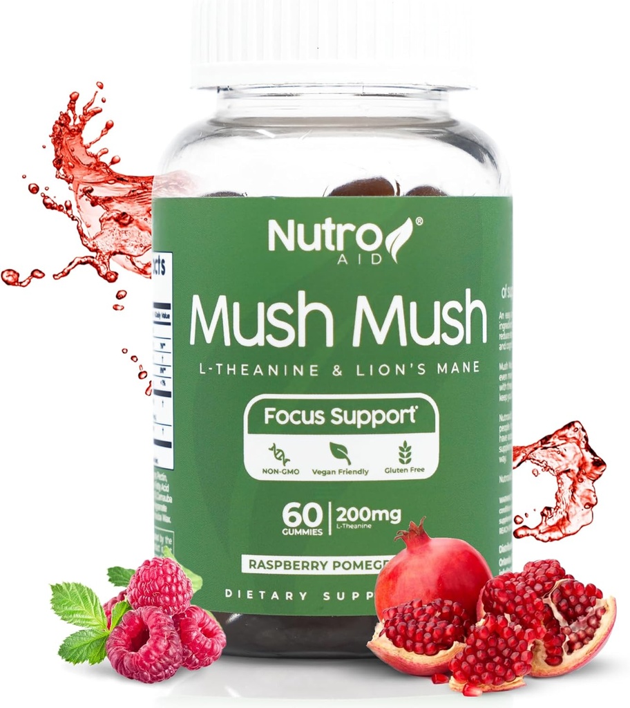Lions Mane Supplement - Mushroom Gummies - Mush Mush Genius Mushrooms Magic Mind - främjar fokus med L-Theanine & Lions Mane - Raspberry & Pomegranat smak för Perk Energy - 60 Gummies