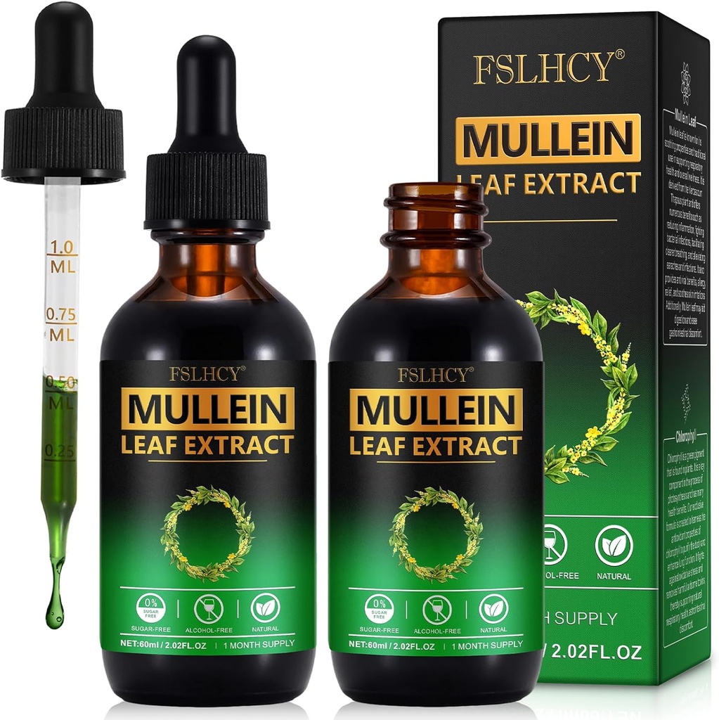Mullein Drops, Mullein Leaf Extract, Organic Mullein Leaf Tincture Herbal Supplement, No Additives Mullein Extract Drops 2 fl Oz, 2 pakkausta