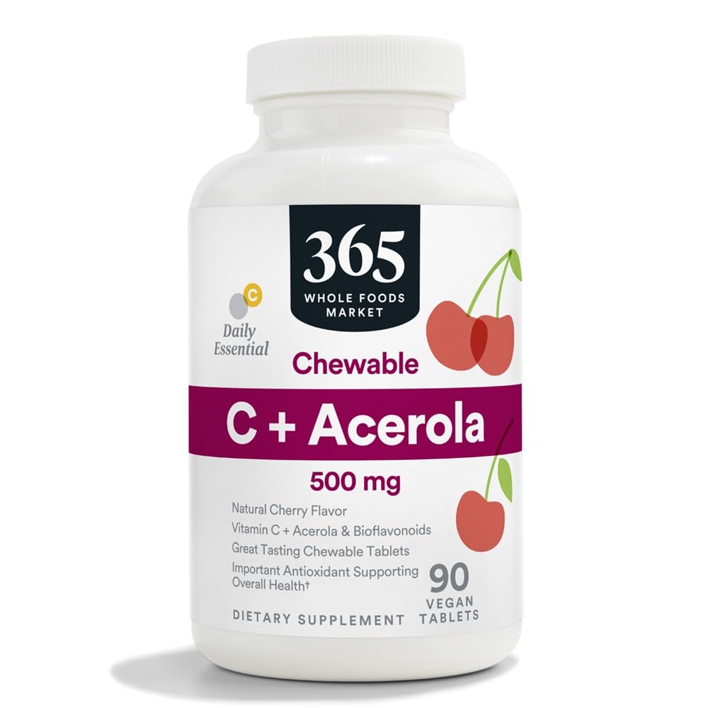 365 by Whole Foods Market, Chewable C + Acerola C 500mg, Natural Cherry Flavor, Vegan, 90 tablettia