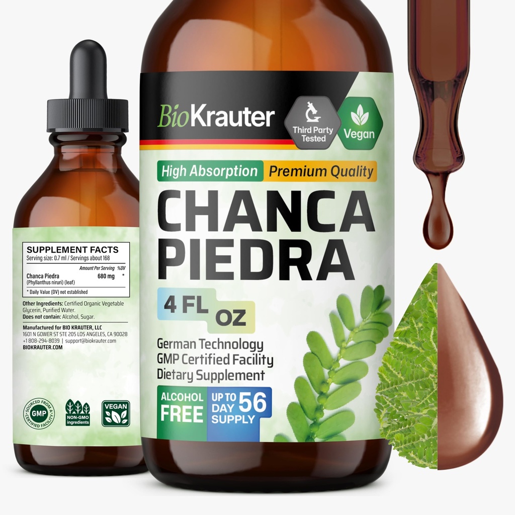 BIO KRAUTER Chanca Piedra Tincture - Natural Munuaisten terveyden tuki neste - Chanca Piedra Stone Breaker & Sappirakon Cleanse Formula - Vegaani, alkoholiton ja sokeriton tippa - 4 oz