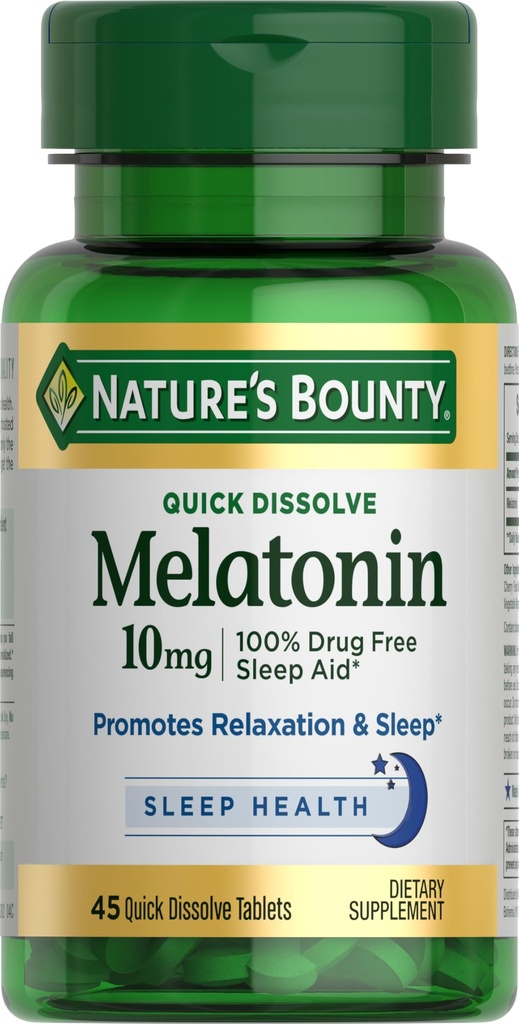 Nature's Bounty Melatoniini, 100% Drug Free Sleep Aid, Ruokalisä, Edistää rentoutumista ja uni terveys, 10mg, 45 Nopea liuottaa tabletit