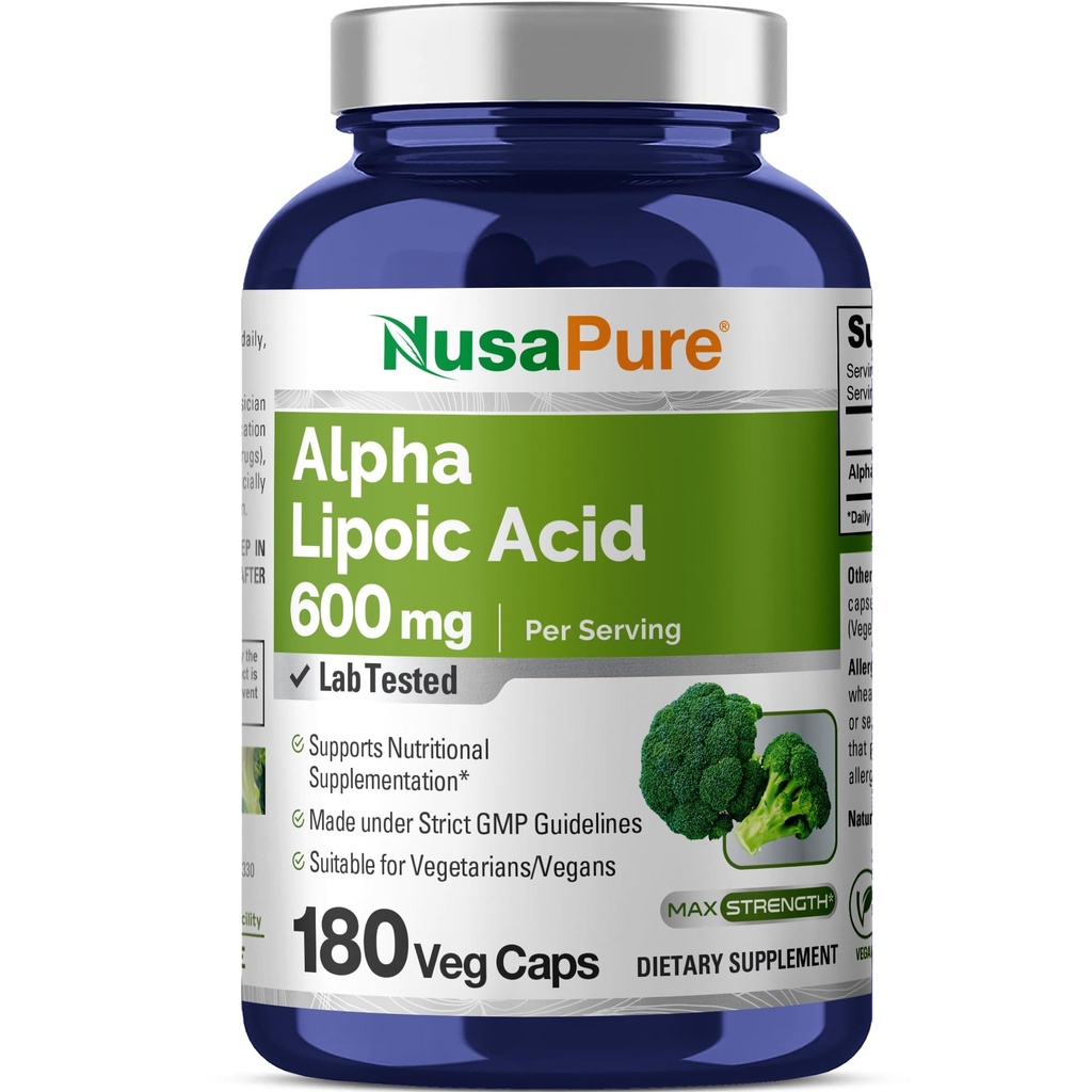 NusaPure Alpha Lipoic Acid 600 mg per tarjoilu 180 kasviskapselit (kasvissyöjä, ei-GMO, Vegan)