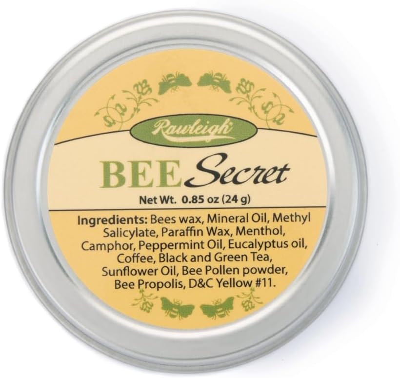 Rawleigh Bee Secret Soothing Balm: 0,85 oz, All-Natural Balm för ömma muskler, värk, bitar, kalla sår, huvudvärk med bivax, Pollen & Propolis + Peppermint & Eucalyptus oljor, Pack av 1