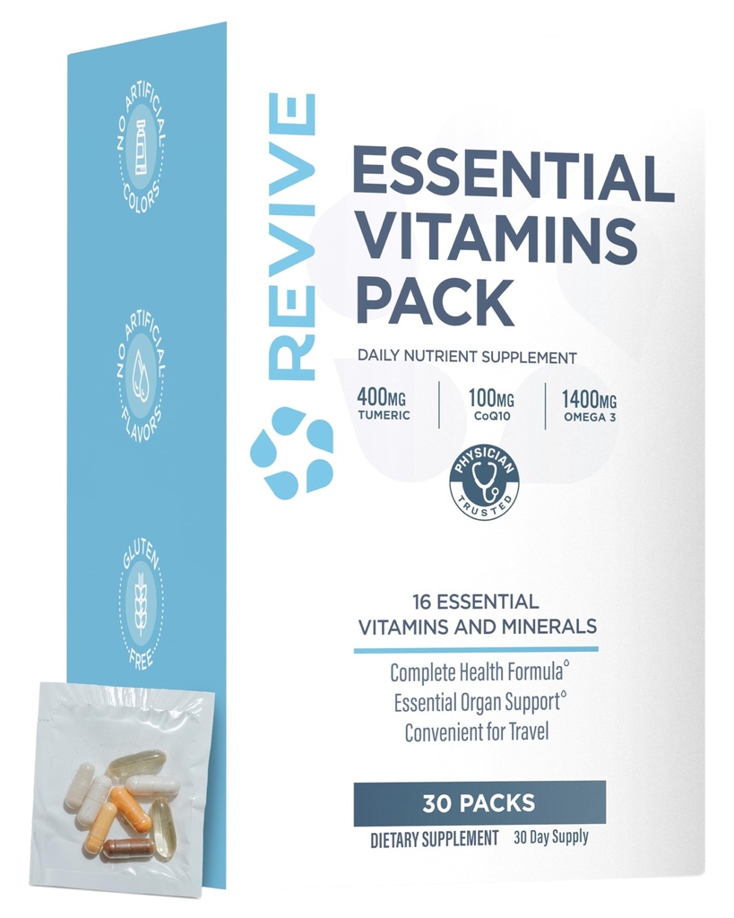 Revive MD Essential Vitamin Packs for Women & Men, Vitamins Pack Daily Nutrient Supplement - Travel-Friendly Multivitamin Packets med Arjuna & Turmeric Extract Support Heart, Joint & Organ Health
