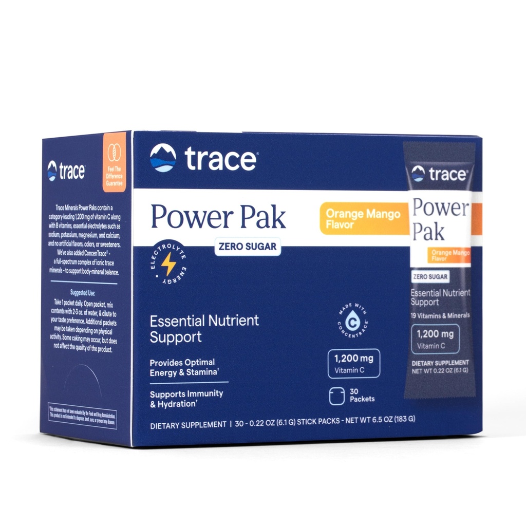 Trace Minerals Power Pak Multivitamiini ja Multimineral Packets - Elektrolyytti tuki - 1200 mg C-vitamiini Plus 70 sokeritonta - Orange Mango Flavor - 30 pakettia