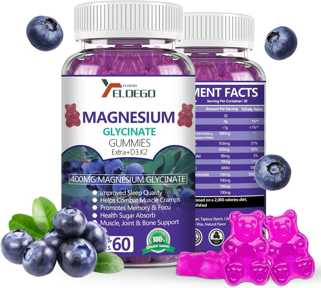 Magnesium Gummies 600 mg/Serving-Magnesium Glycinate 400 mg ja Magnesiummalaatti 200 mg, Extra K2 & D3, High Absorptio Magnesium Supplement for Sleep, Stress Relief, Nerve Support, Mustikat(60 CT)