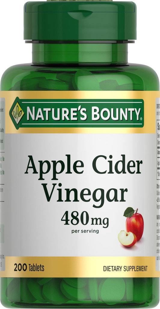 Nature's Bounty Apple Siideri Viinietikka 480mg pillerit, kasvissyöjä täydentää Kasvis Perustuu, 200 tablettia