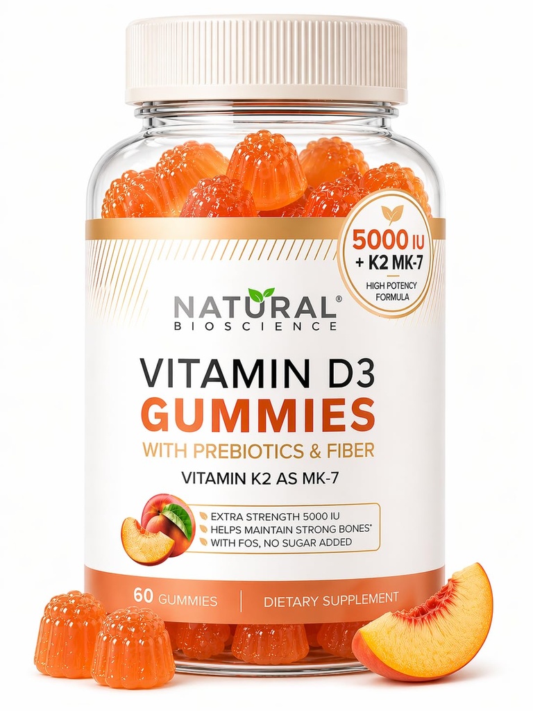 Sugar Free Vitamin D3 K2 Gummies - Vitamin D3 Gummies 5000 IU + K2 MK7 80 mcg, K2 D3 Vitamin Supplement Adults, Vitamin D K2 för ben, Immune, Hjärta, Mood, Gluten-Free, Non-GMO, Natural Peach Flavor