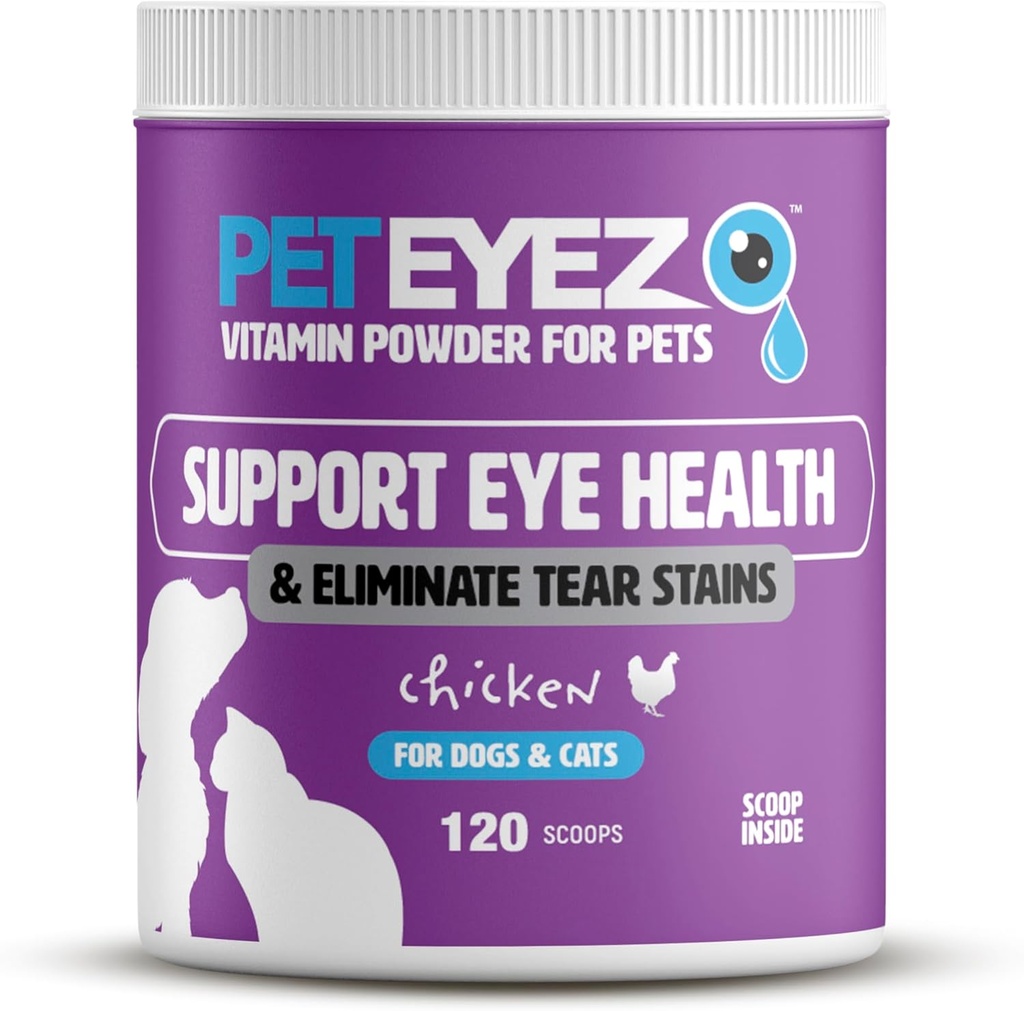 Pet Eyez Vitaminpulver för husdjur - Stöder Eye Health & Reduces Tear Stain Buildup - 100% Natural Food Topper för hundar och katter med superfoods, antioxidanter och näringsämnen - Kycklingsmak - 120 skopor