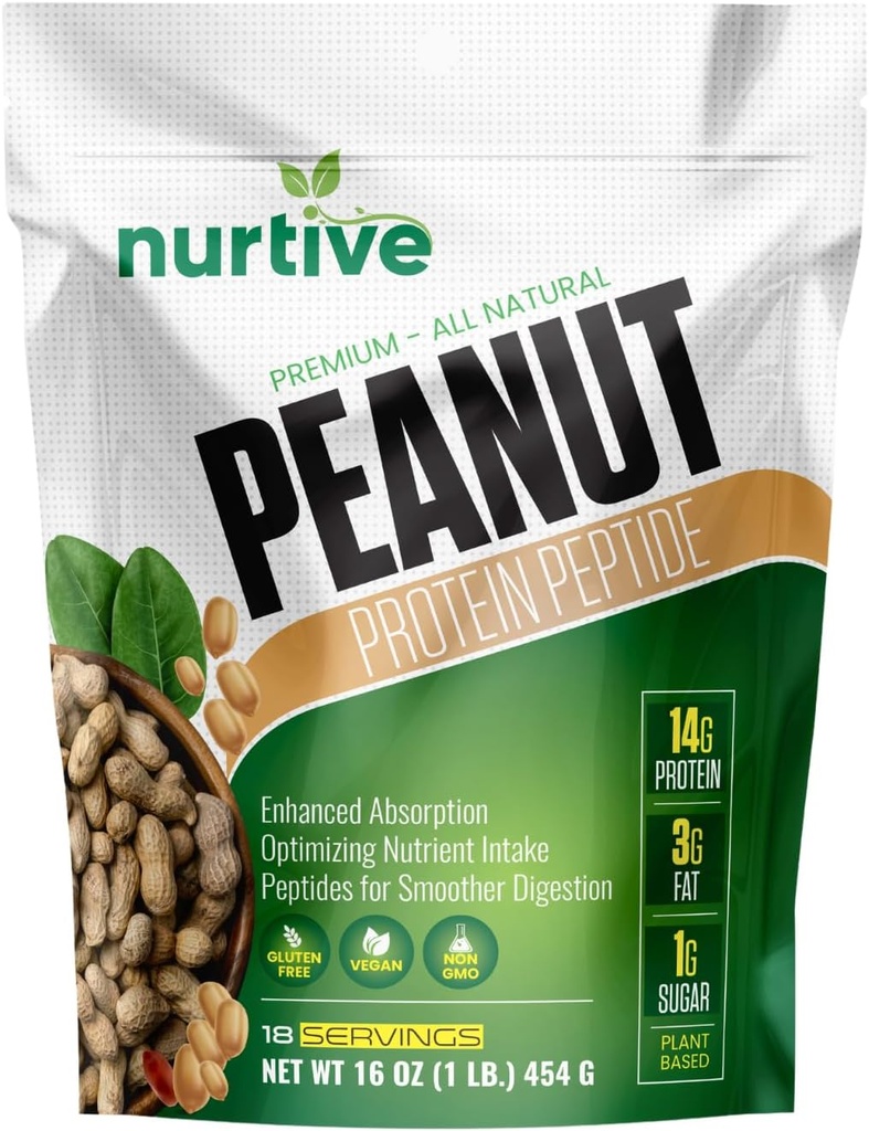 Peanut Protein Peptide Powder - Plant-Based, Rich in Nutrients & Fiber - Perfekt för idrottare & Fitness Entusiaster - Förbättrad löslighet och absorption - 18 portioner (16 oz / 454 g)
