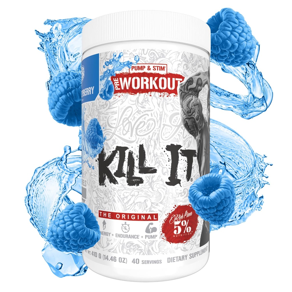 5% Nutrition Rich Piana Kill It Pre Workout Powder w/Creatine, Caffeine, Beta Alanine, Hydroprime Glycerol för pump, styrka, uthållighet | 20/40 Srvgs (40 portioner, blå hallon)