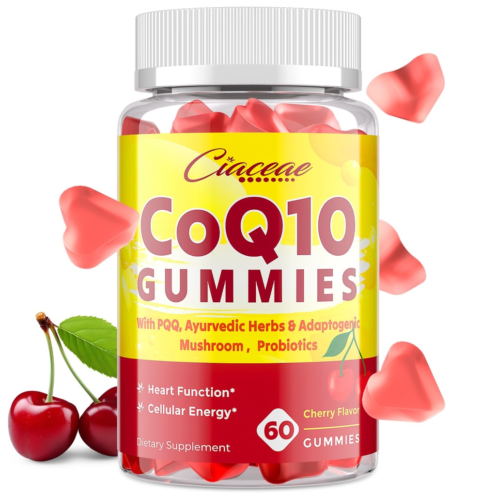 CoQ10 Gummies med PQQ - 400 MG Coenzyme Q10 High Potency, förbättrad med ayurvediska örter, Adaptogenic Mushroom Blend & Probiotika för hjärta, hjärna, energi, immunitet, Cherry Flavor, 60 Vegan Gummies