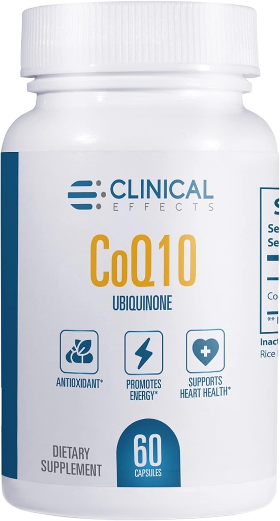 Clinical Effects CoQ10 Supplement - Coenzyme Q10 200mg - 30 päivän toimitus - Ubikinonin antioksidantti täydentää sydämen terveyttä, kognitiivisia toimintoja ja energiatukea - 1 kapseli päivässä - Valmistettu Yhdysvalloissa