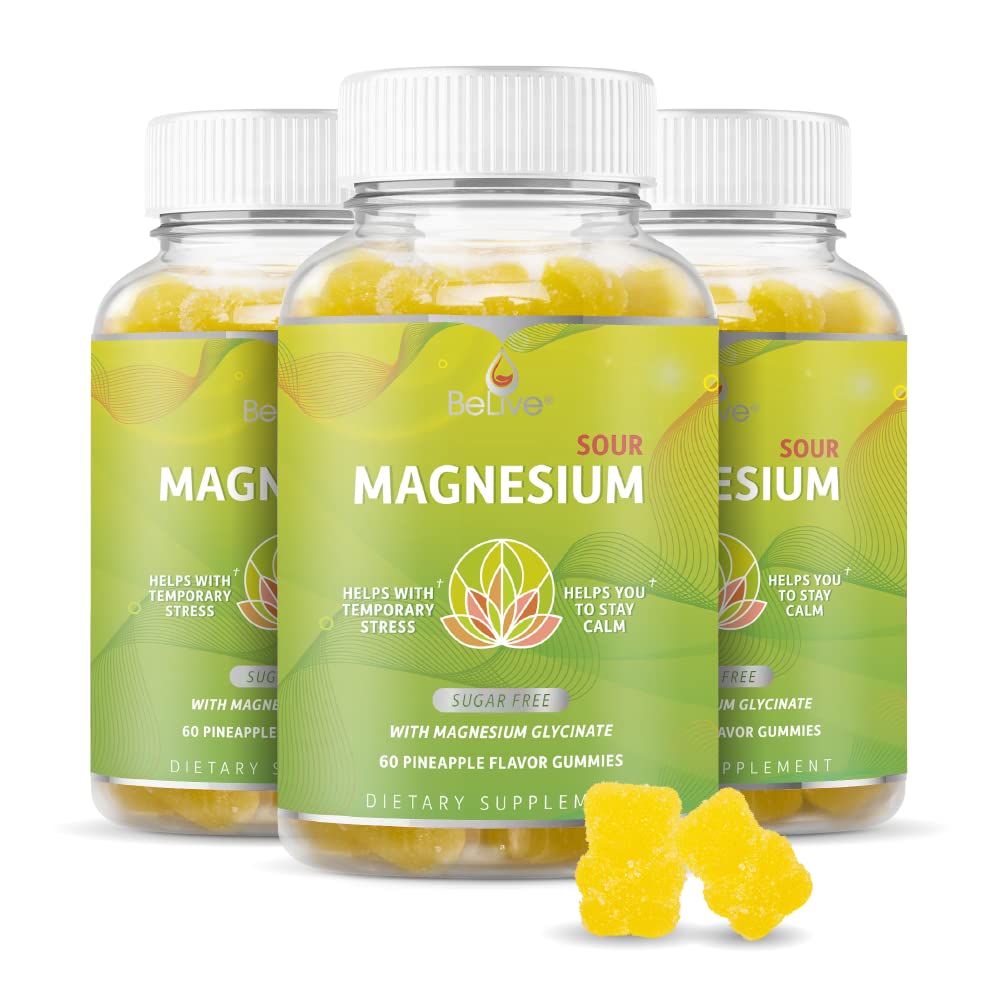 BeLive Magnesium Gummies 200mg - 60 Ct ... Magnesium Glycinate Lisäravinteet rentoutumista, stressin lievitystä ja unta aikuisille ja lapsille - maukas ja tangy ananas maku (3)