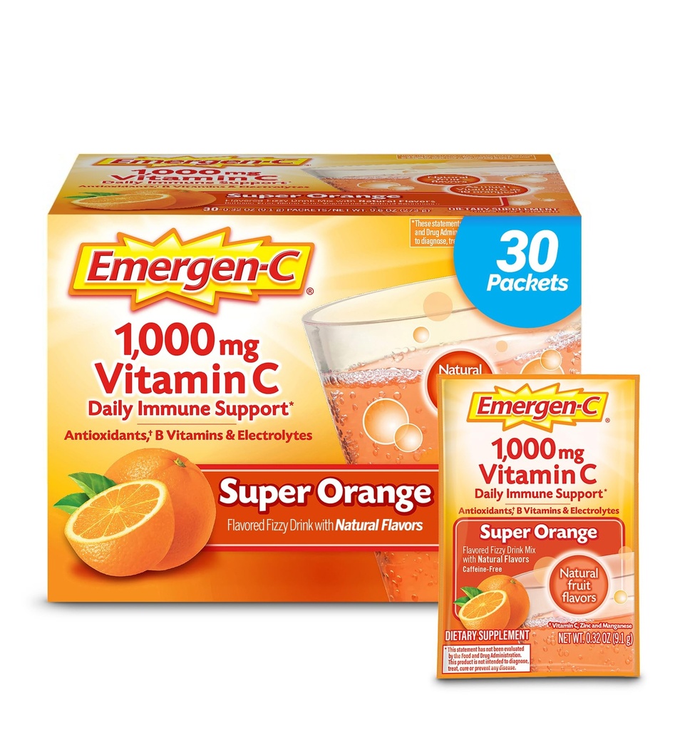 Emergen-C 1000 mg C-vitamiini Powder for Daily Immuuni tuki Kofeiinitonta C-vitamiini täydentää sinkkiä ja mangaania, B-vitamiinit ja electrolyyttejä, Super Orange Flavor - 30