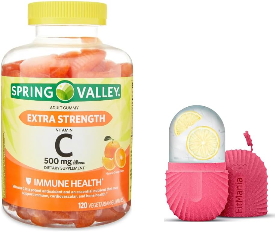 Spring Valley Extra Strength C-vitamiinin ravintolisä Kasvissyöjä Gummies, Orange, 500 mg, 120 Ct ja Lahjajää rulla kasvoihin