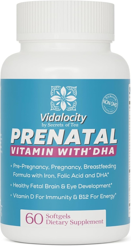 Vidalocity Prenatal vitamiineja naisille, monivitamiinikapselit: Omega 3 kalaöljy (EPA/DHA), magnesium, Folaatti, D3, C-vitamiini, B12-vitamiini, B6, A-vitamiini, K & Sinkki, 60-luku (60 päivän toimitus)