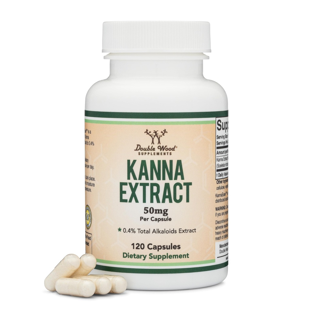 Kanna Extract Supplement (Sceletium Tortuosum) - 50 mg Per kapselit, 120 Count - rentoutumista ja mielenrauhaa (Min 4% Yhteensä alkaloidit) Ei-GMO, Gluteeniton, Vegan Safe Double Wood