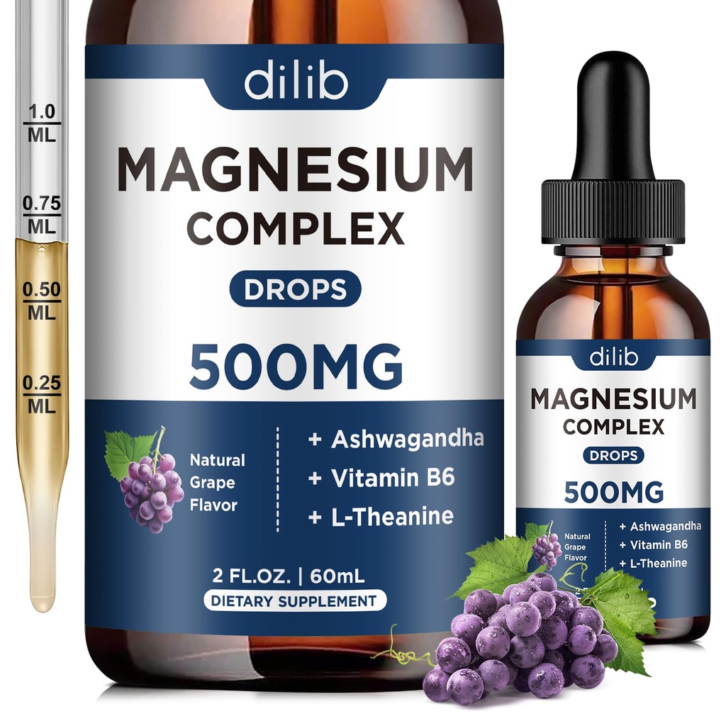 Magnesium Glycinate Liquid Drops, magnesium Glycinate Supplement 500 mg kanssa sitraatti, malaatti, Ashwagandha, L-Theaniini, B6-vitamiini uni, stressi helpotus, luut, lihas, mieliala, Grape Flavor 2 Fl Oz