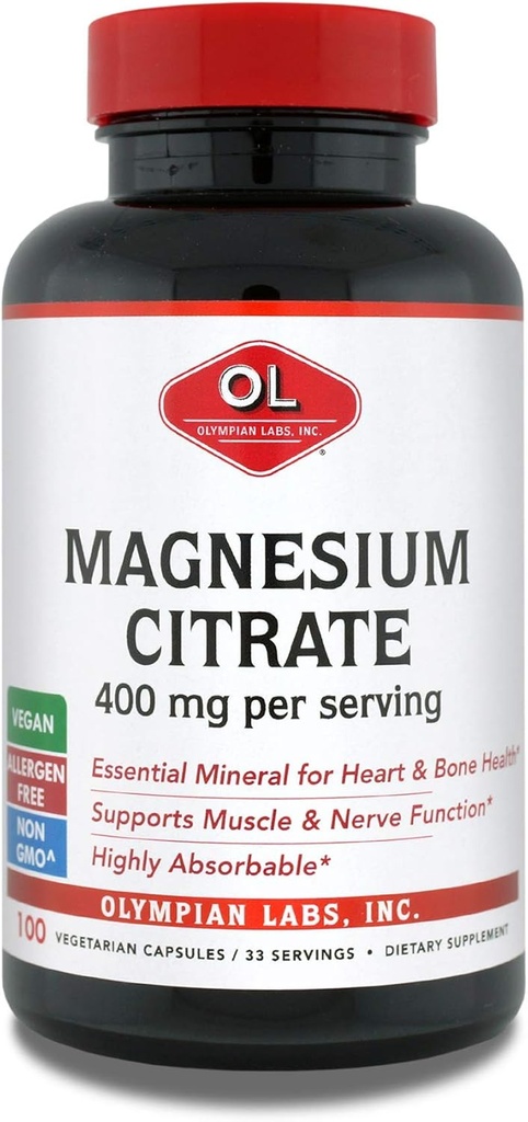 Olympian Labs Magnesiumsitraatti, 400 mg 33 Tarjoilut, Tuki terve hermosto, lihas ja luu, 100 kapselia