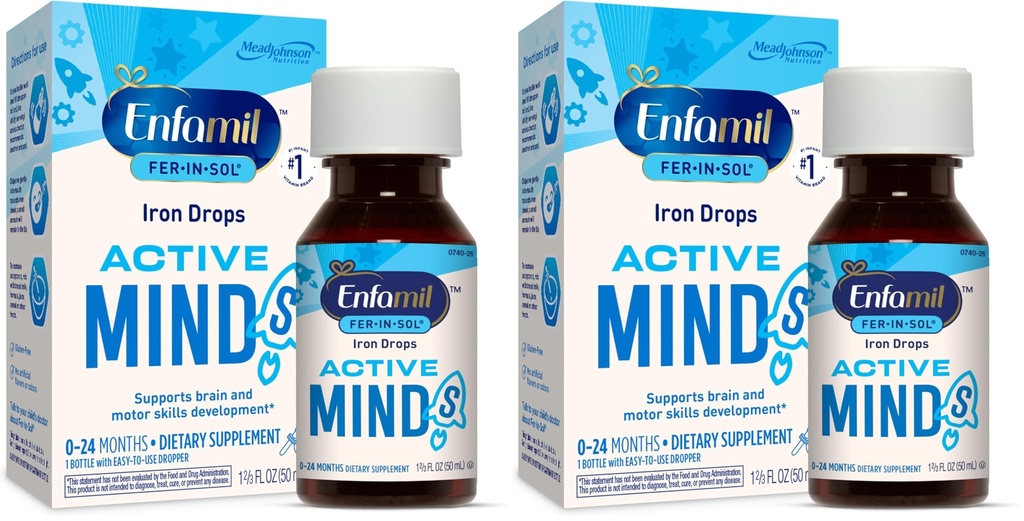 Enfamil Fer-in-Sol Iron Supplement Drops for Infants & Toddlers, Tukee aivojen kehitystä, 50 ml Dropper Bottle (Pack of 2)