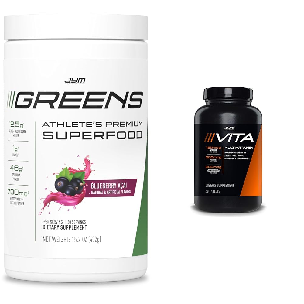 JYM Greens Super Food Mustikka Acai Powder Spirulana & Vita JYM Multivitamiini urheilijoille 60 tablettia