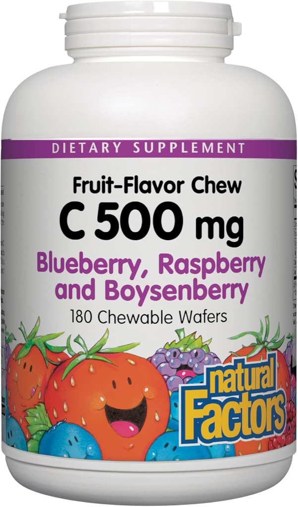 Luonnolliset tekijät, Lapset pureskeltava C-vitamiini 500 mg, tukee immuuni terveyttä, luut, hampaat ja Gums, Mustikka, Vadelma ja Boysenberry, 180 Luku (Pakki 1)