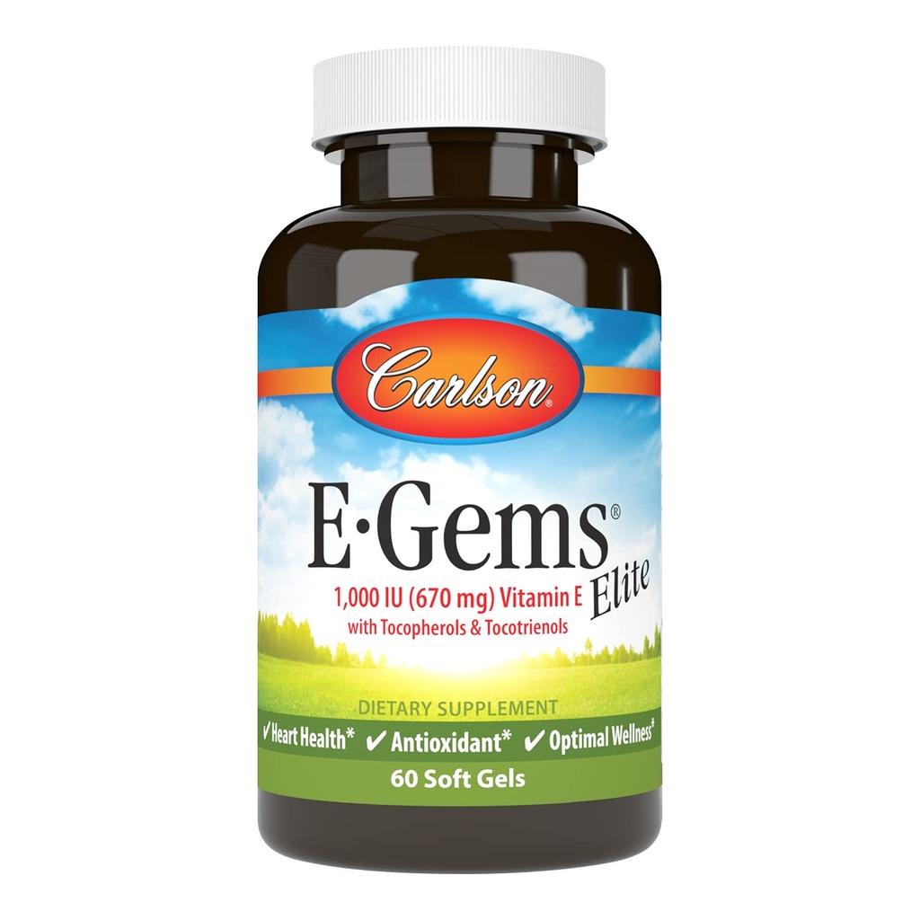 Carlson - E-Gems Elite, 1000 IE (670 mg) Vitamin E med tokoferoler och tocotrienoler, Optimal Wellness, 60 Softgels