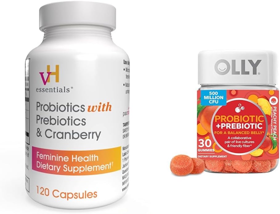 vH essentials Probiootit Prebiootit ja Cranberry Feminine Health Kapselit Bundle kanssa OLLY Probiootti + Prebiootti Gummy Digestive ja Gut Health Chewable Supplement
