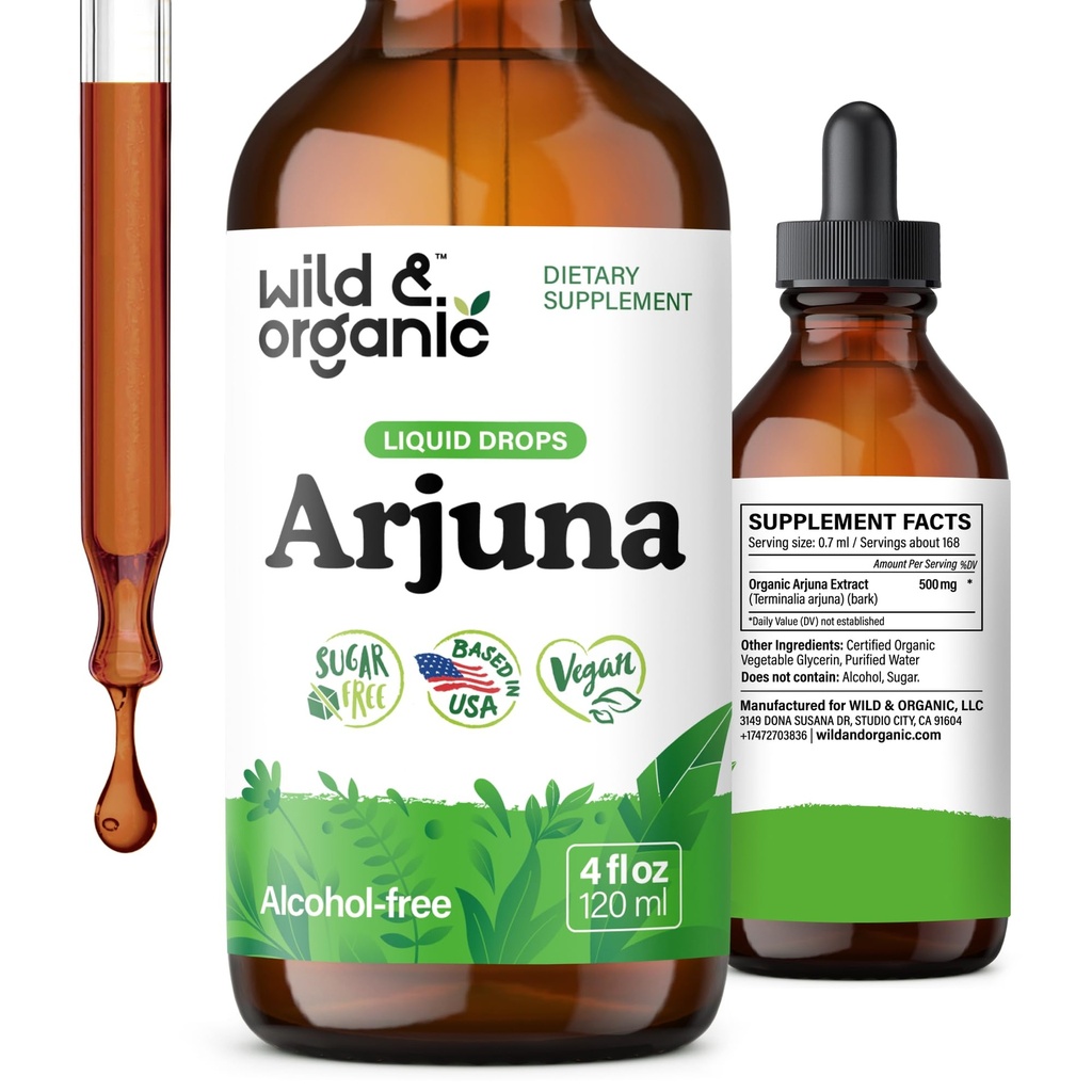 Wild & Organic Arjuna Bark Tincture - Totalt välbefinnande tillägg - Alkoholfri flytande droppar - Terminalia Arjuna Bark Extract - No Sugar & Additives, Non-GMO - 4 fl oz