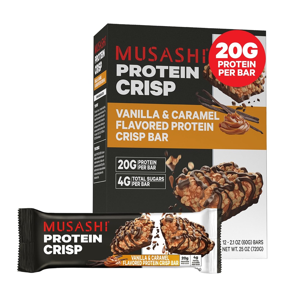 MUSASHI proteiini Crisp Bar, 20g proteiinia, 4g yhteensä sokeria, vaniljaa ja karamellia, Post Treout ja välipalaa Go, 12 pakkaus 2,1oz (60g) Bars