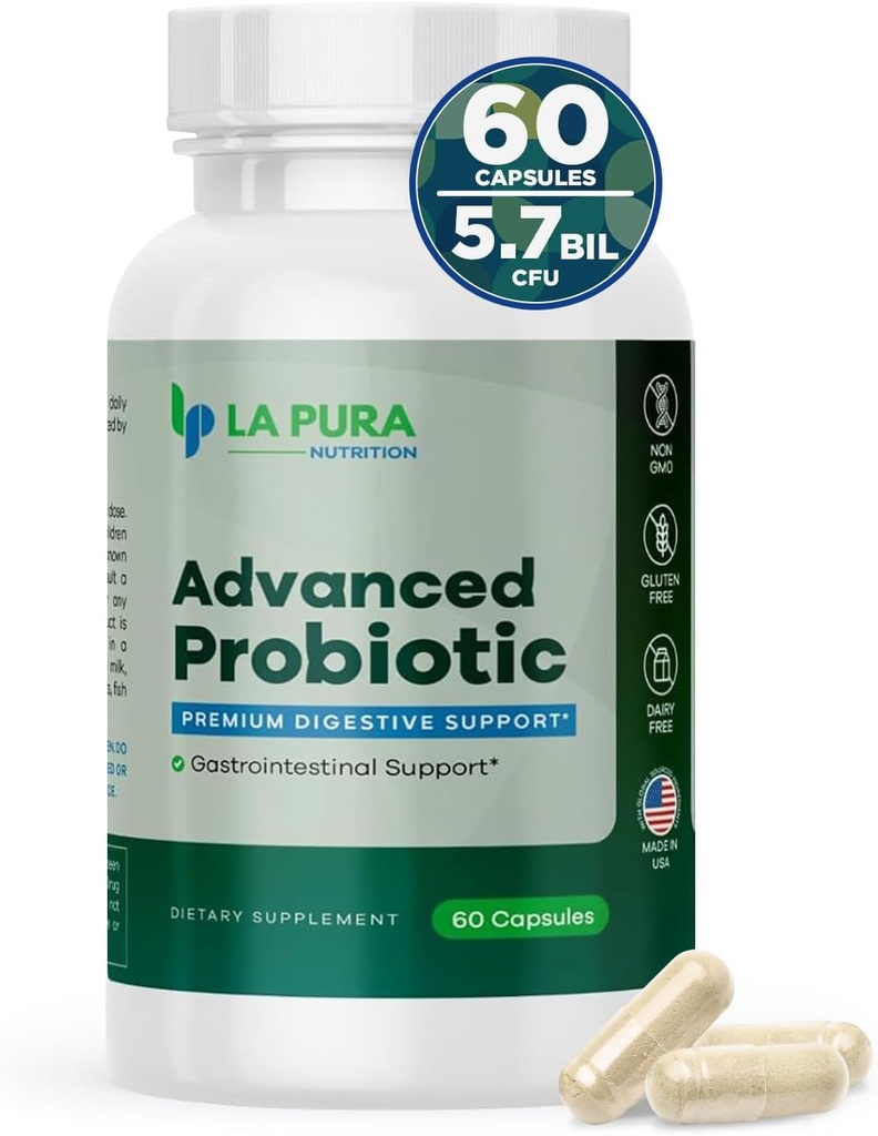 LaPura Advanced Probiotic - Premium Digestive Support för Gut & Immune Health, 60 Capsules - 5,75 miljarder CFU Probiotics Inklusive DE111 Strain (Bacillus subtilis) - Non-GMO, Gluten-Free, Made in USA