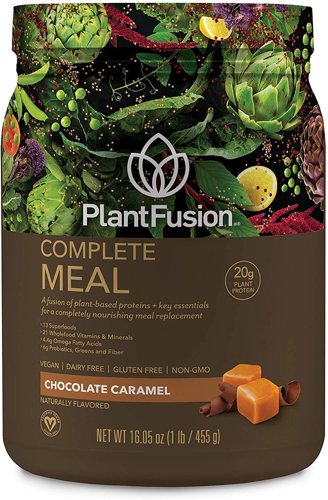 PlantFusion Complete Meal Replacement Shake - Plant Based Protein Powder med Superfoods, Greens & Probiotics - Vegan, Gluten Free, Soy Free, Non-Dairy, No Sugar, Non-GMO - Chocolate Caramel 1 lb