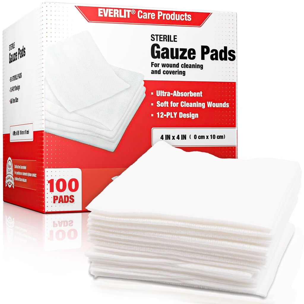 EVERLIT [Extra-Thick] 4'x4' Sterile Sterile Sisustus Pad 12-Ply, 100 pakkaus, yksittäinen kääritty, Ultra Absorbentti suuri ei-Woven Medical Gauzes Sponges for Haavan hoito koti Ensiapupakkaus