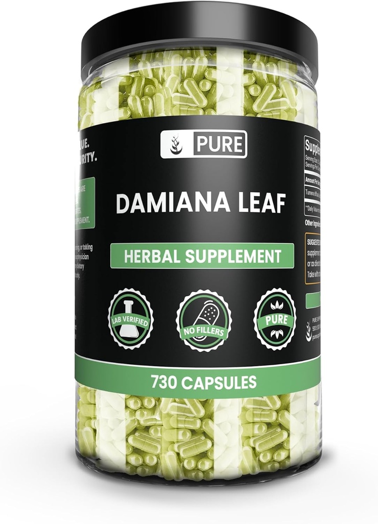 PUHELIN ALKUPERÄISET AINEET Damiana Leaf -kapselit, ei magnesiumia tai riisiä, aina puhdas, Lab varmistettu (730 kapselia)