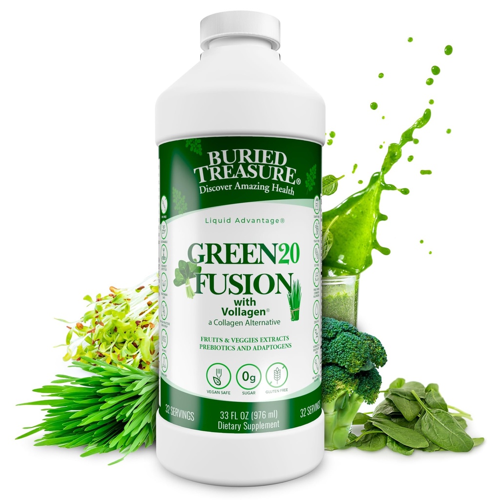 Haudatut Treasure Green20 Fusion ... Superfood Blend with Vollagen for Skin, Hair, and Joint Support, Plant-Baseed, Vegan, ei-GMO-gluteeniton, Dairy-free, Soy-free, 32oz Liquid