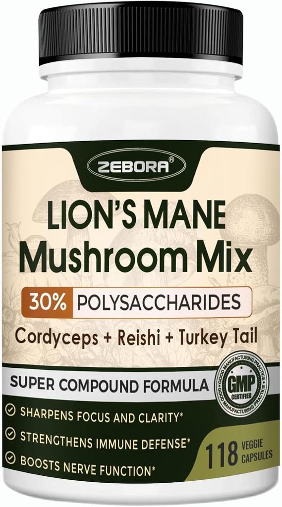 Lions Mane Supplement Kapselit - Sieni täydentää kanssa Lions Mane, Cordyceps, Reishi, Turkey Tail, Shiitake - Lions Mane Supplement Muistia, Focus & Immuuni Tuki - 118 Vegan Sienet Kapselit