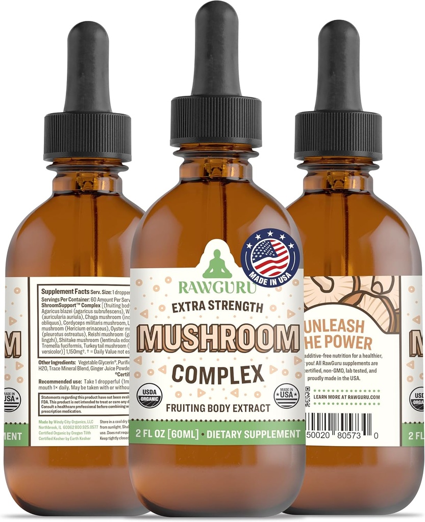 RawGuru Organic Mushroom Complex Tincture - Organic Mushroom Extract med spårmineraler - Nano-Processed Cognitive & Immune Support Supplement - 60 portioner av Vegan Drops per 60 ml, Pack av 1