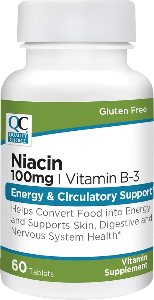 Quality Choice Niacin (Vitamin B3) Energy & Cculatory Support 100 mg, 60 pulloa
