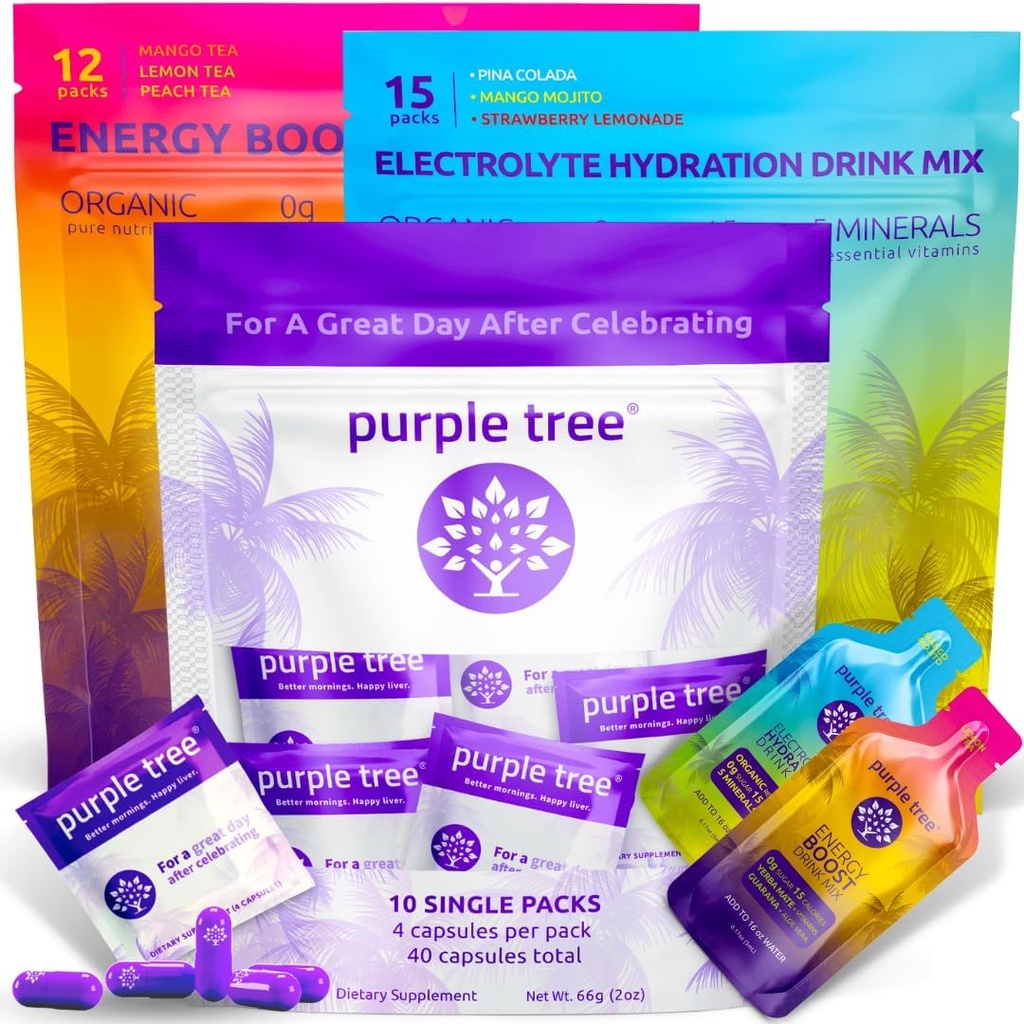Violetti puu Premium 3x1 Combo: Post-Celebration Wellness pillereitä, Organic Hydration, Next Day Energy Stick Packets ...