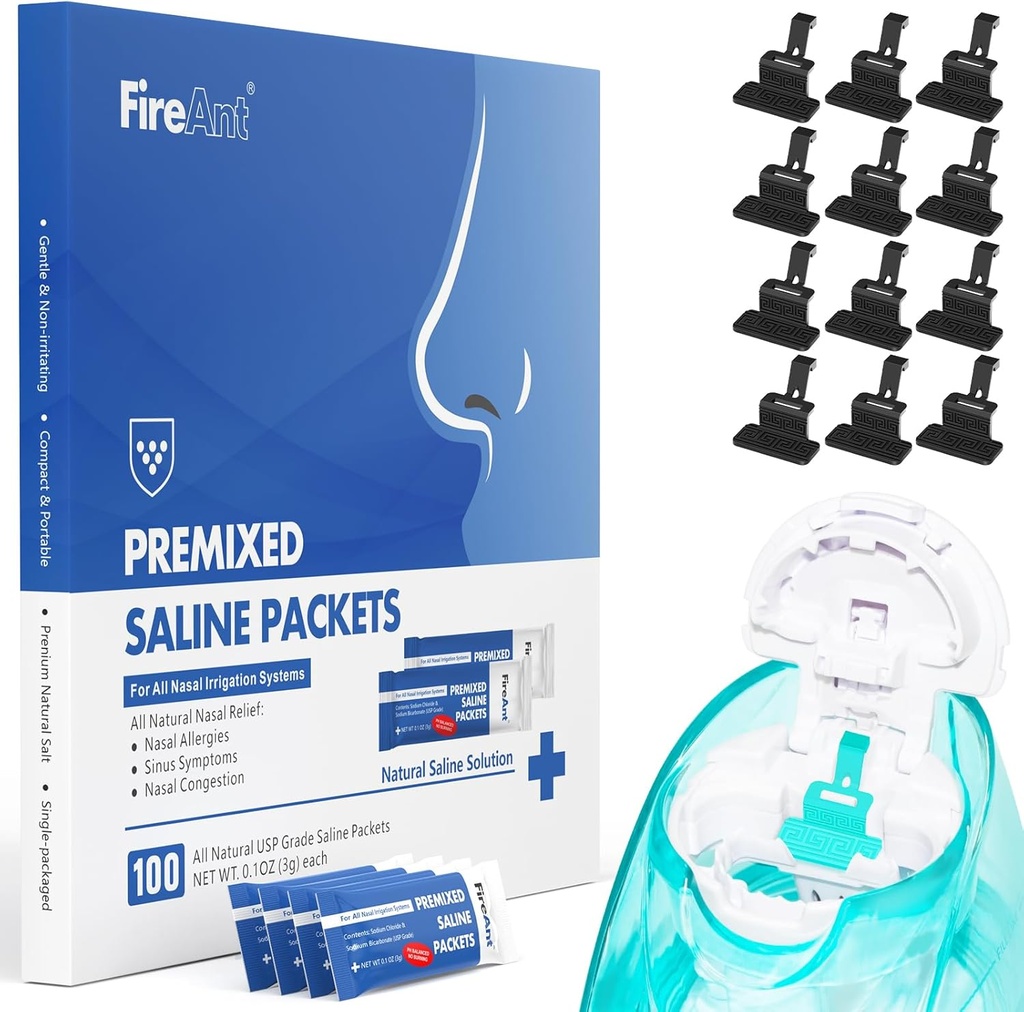 FireAnt 100 Saline Packets och 12 återanvändbara Saline Pods Refills Set, kompatibel med Navage Nasal Care - Inkluderar 100 Count Salt Packets Sinus Rinse + 12 Pack Silicone Salt Pads Refill i svart
