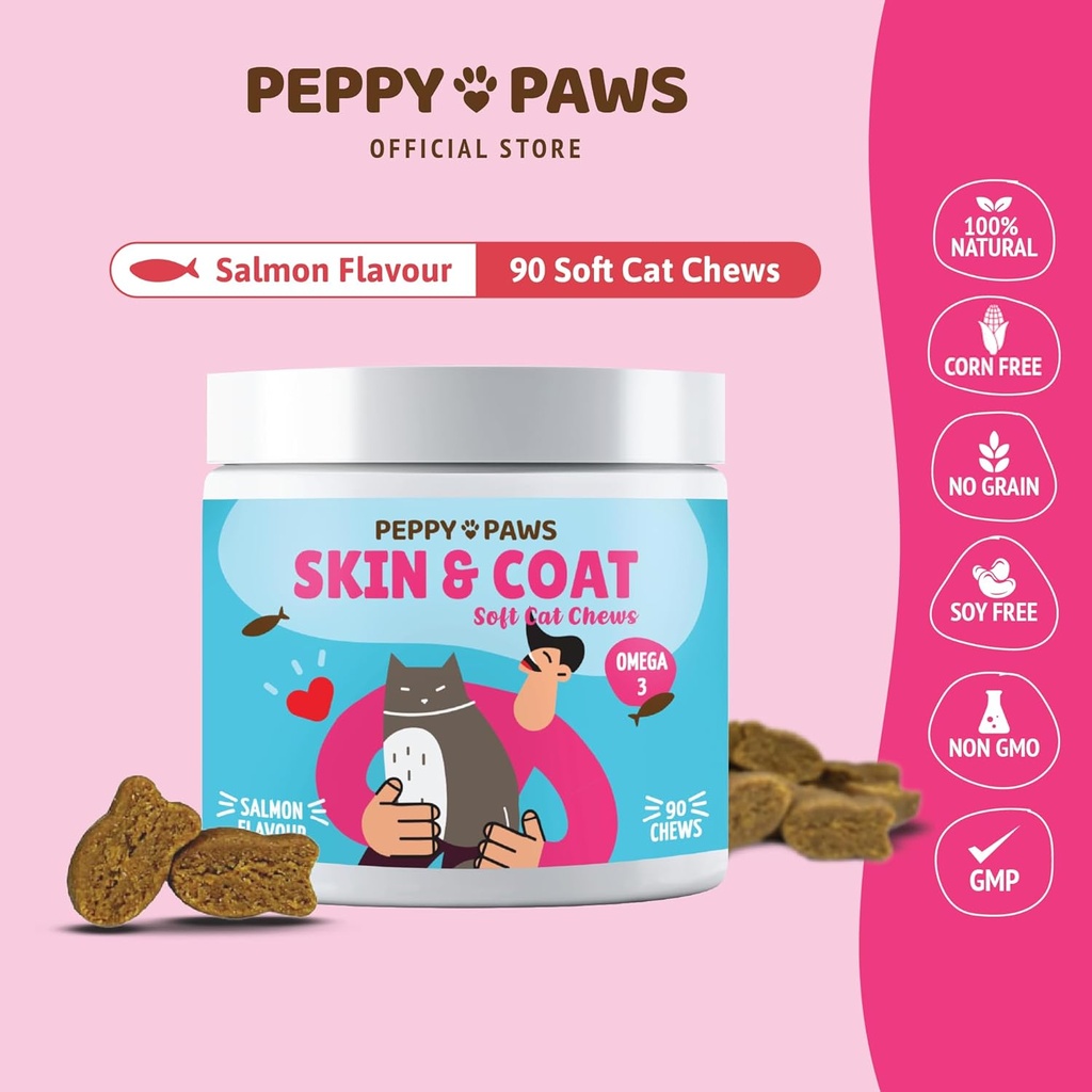 Skin & Coat Chews for Cats - 90 Soft Chews | Salmon Flavor | med Omega 3, Vitamins & Biotin Supplement | Stöder Shiny Coat, Reduces Shedding & Itching | för Cat Dandruff & Allergy Relief