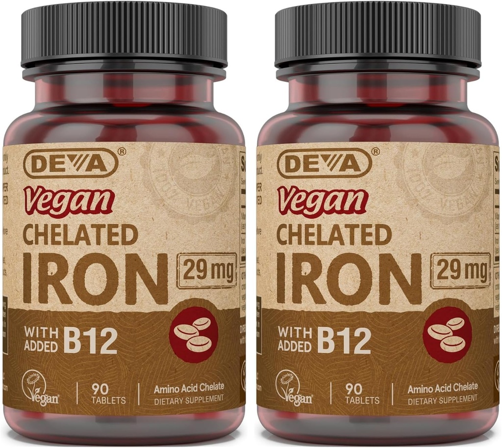 DEVA Nutrition Vegan Celated Iron 29 mg varustettu B-12 - High Potency, Helppo niellä - 90 tablettia, 2-pakkaus