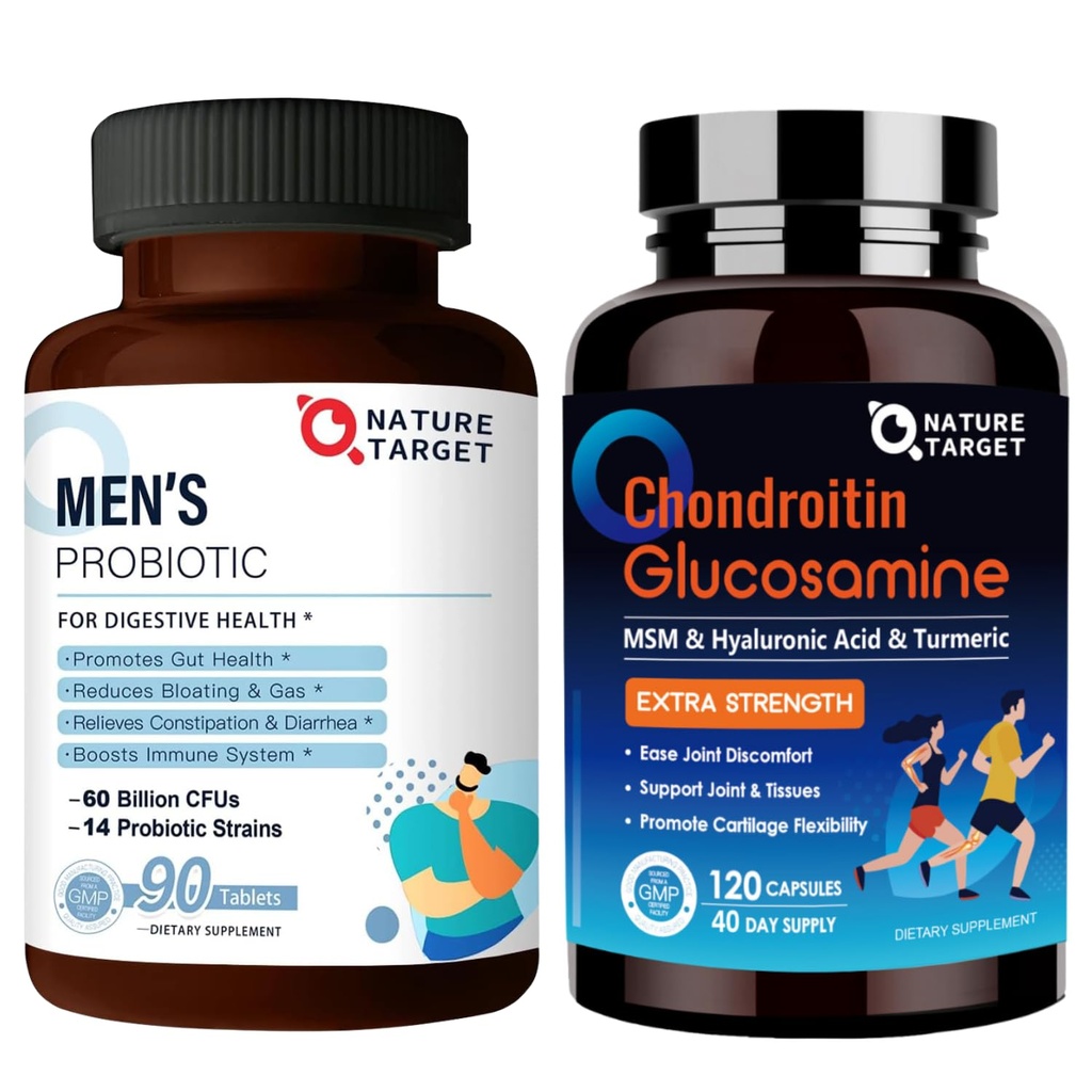 NATURAL TARGET Probiootit miesten hoitolisä, Glukosamiini Chondroitin MSM, Joint Support Supplement, Shelfish Free