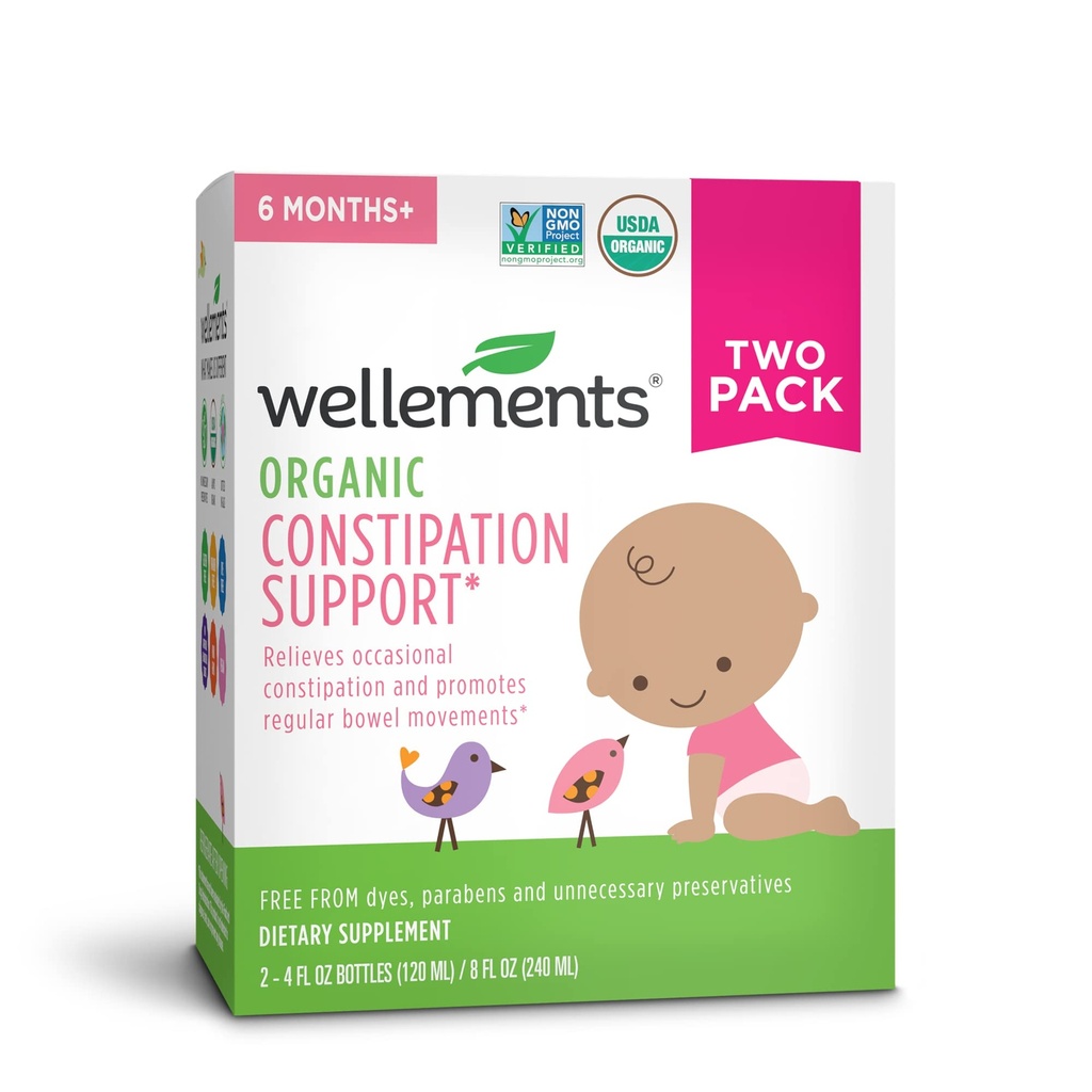 wellements Organic Baby Ummetus Support Relieves Satunnainen Ummetus imeväisille ja pikkulapsille, Ei Harsh Laksatiiveja, USDA Certified Organic, 4 Fl Oz (paketti 2), 6 kuukautta +
