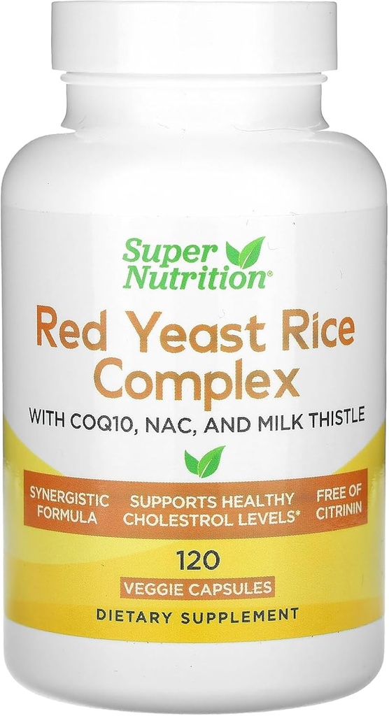 Super Nutrition Red Yeast Rice Complex Luomu Red Yeast Rice, N-Acetyl Cysteine, Coenzyme Q10 ja Milk Thistle Extract, 120 kasviskapselit