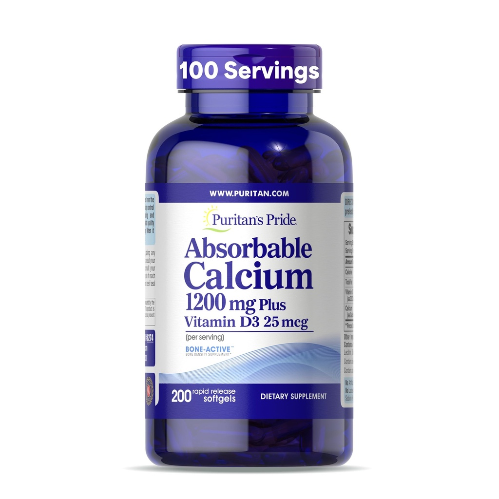 Puritan's Pride Absorbable Calcium 1200 mg Plus D3-vitamiini 25 mcg 1000 IU Bone-ActiveTM -valmisteella, 200 nopeat pehmogeelit